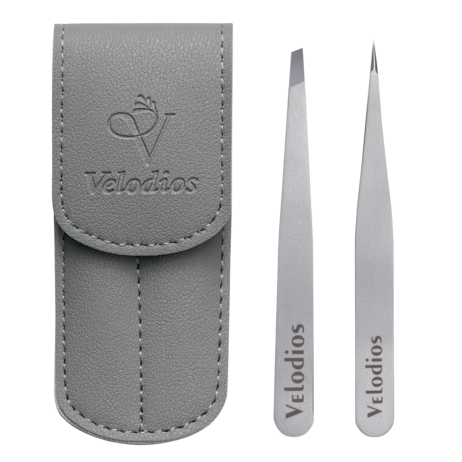 Velodios Tweezers for Eyebrows, Pointed Tweezers for Women Facial Hair, Ingrown Hair Removal, Slanted and Pointed Tip Tweezers Set with PU Travel Case, Premium Stainless Steel