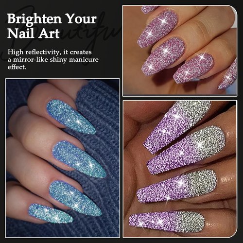 Furtherpretty Reflective Glitter for Nails, 6 Colors Sparkle Nail Powder Diamond Dust Glitter Silver Pink Purple Blue Sugar Dip Powder Shimmer Nail Pigment Set with Brush Nail Salon Supplies