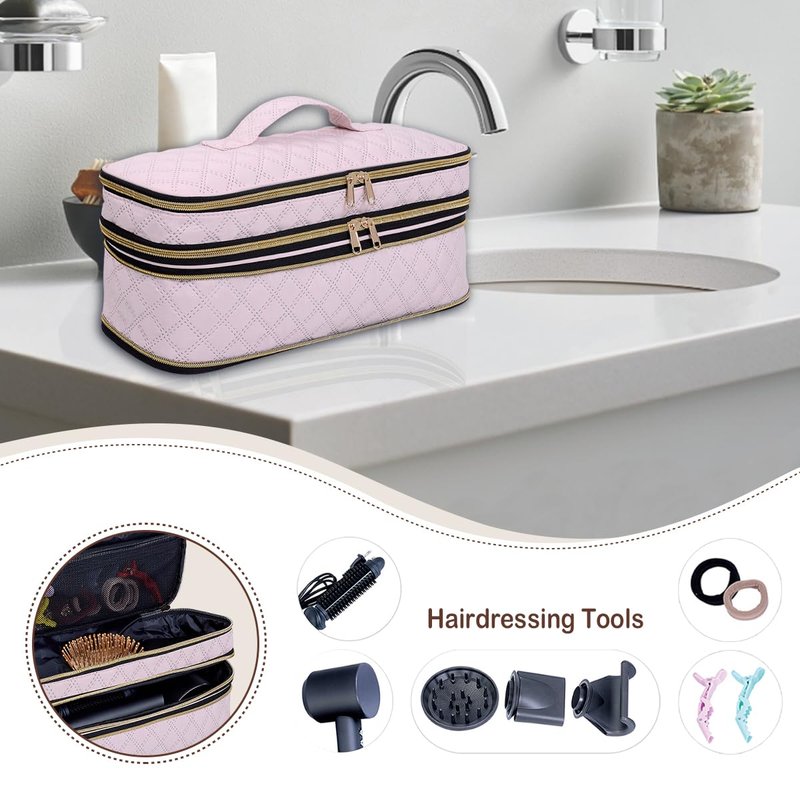 UOZL Hair Dryer Curling Iron Storage Bag, Travel Carrying Case, Slim Expandable Handheld Dual-Layer Travel Storage Bag for Dryer/Hair Tool Organizer/Style Organizer (Pink)