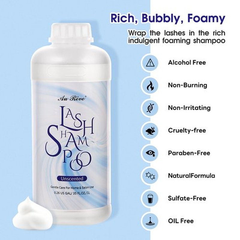 AuReve Lash Shampoo for Lash Extensions 1L/35fl.oz Eyelash Extension Cleanser Lash Cleaning Kit, Gentle Foaming Eyelash Shampoo with Brush and Wash Bottle for Salon Home Care Unscented