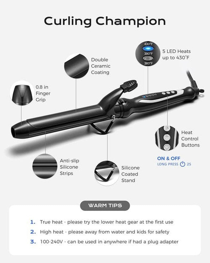 FUNBUGS 1.25'' Double Ceramic Long Barrel Curling Iron - 8'' Extended Wand | 5 Heat Settings | Dual Voltage | Auto Shut-Off | Anti-Slip Styling for Long Hair (Bag, Mat, Glove)