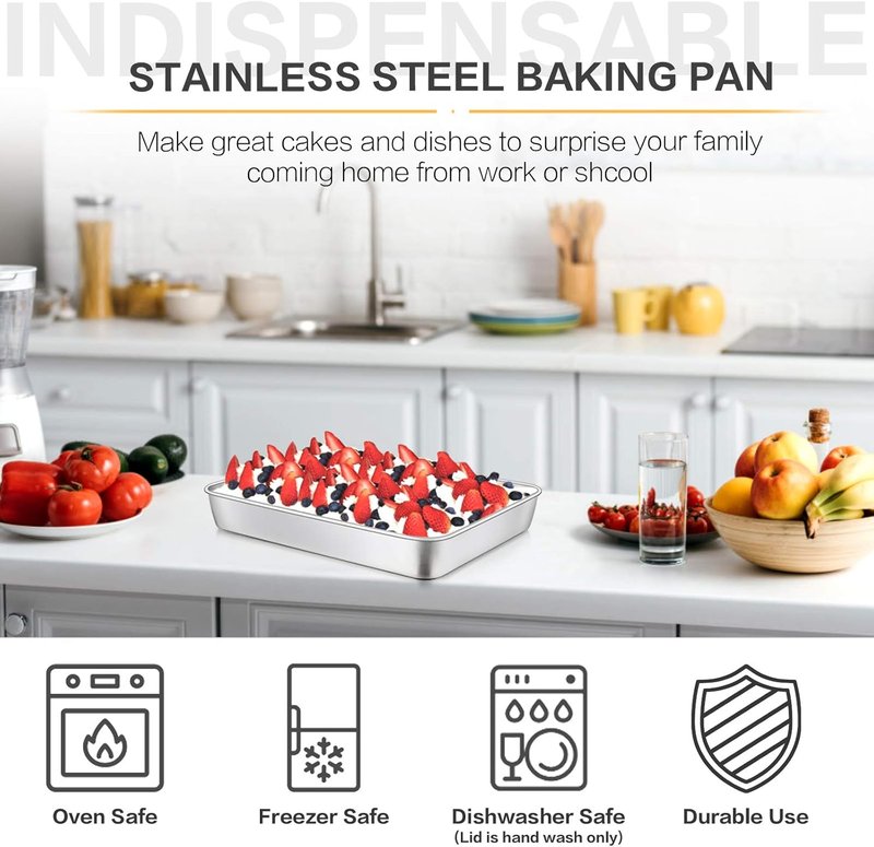E-far Stainless Steel Baking Pan - 12⅓ x 9¾ Inch Rectangle Sheet Cake Pan with Lid | Non-Toxic, Heavy Duty & Dishwasher Safe