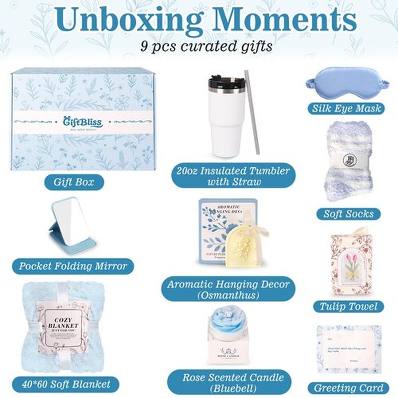 GiftBliss Spa Gift Baskets For Women, Self Care Gift Basket, Comfort Baskets For Women, Get Better Soon Care Package , Birthday Gifts For Girls, Hug In A Box Sympathy, Stress Relief Gifts For Men