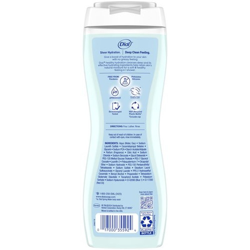 Dial Body Wash, Healthy Hydration, Hyaluronic Acid + Vitamin E, 16 fl oz (Pack of 4), Gentle, Leaves Skin Feeling Soft In 1 Shower, Dermatologist-Tested, No Parabens & Silicones