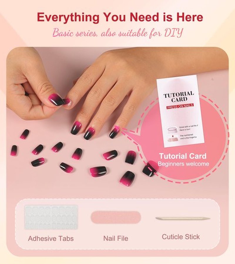 Morily Black Hot Pink Ombre Press on Nails Short, Square Shaped Fake Stick on Nails for Women in 16 Sizes, 32 Pcs Reusable Full Cover Artificial False Fingernails