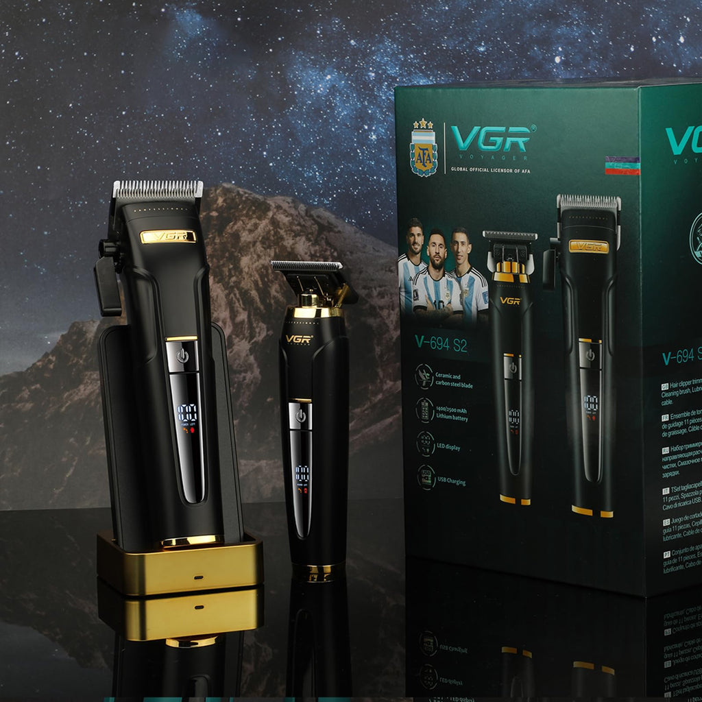 VGR 694S2 Professional Hair Clippers for Men - Cordless Barber Clipper & Trimmer Set with Charging Dock, 440 Min Runtime & LED Display - Rechargeable Hair Cutting Kit for Barbers & Home Use(Black)
