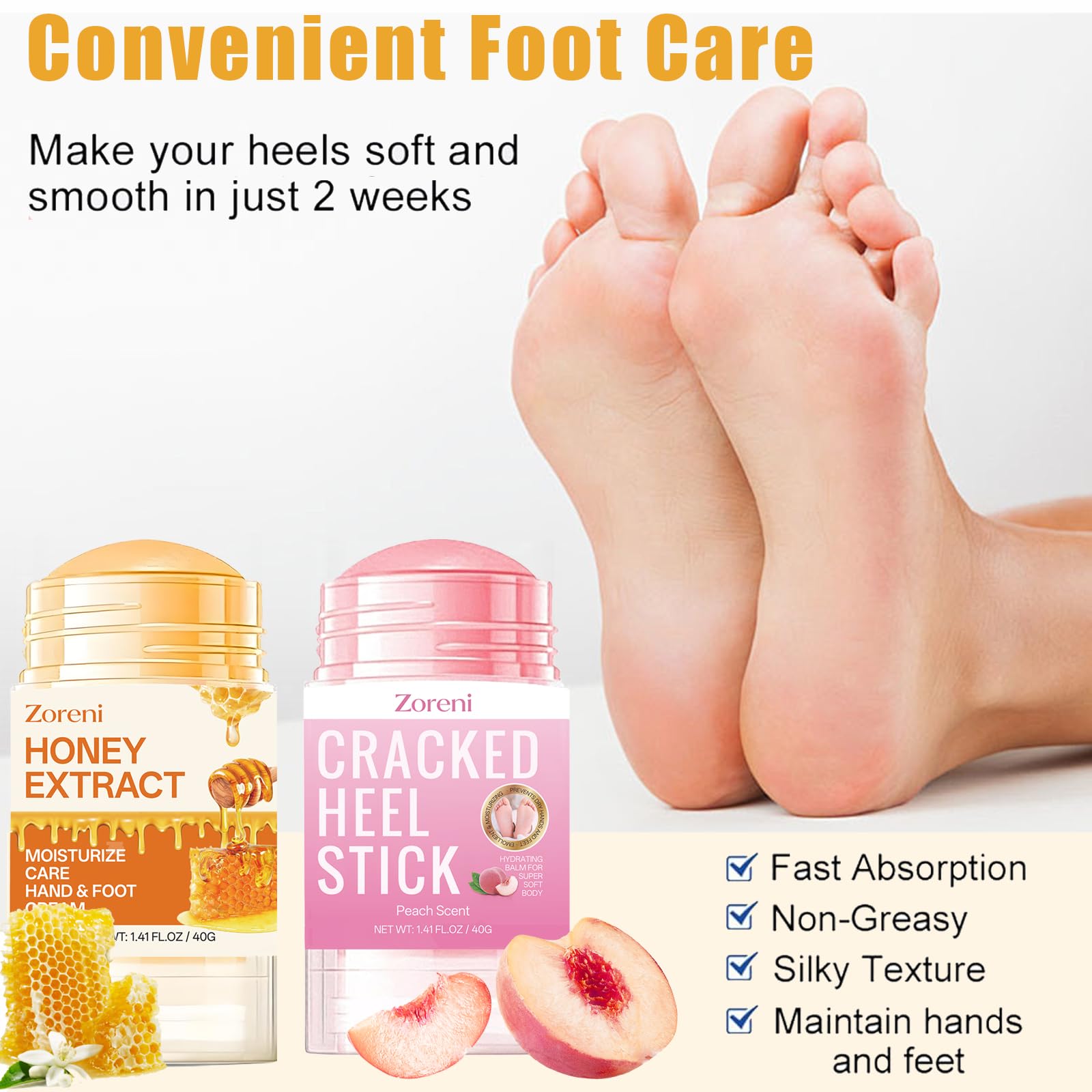 Zoreni 2pcs Hydrating and Anti-Cracking Foot Cream, 2026 Cracked Heel Stick,Foot Cream for Dry Cracked Heels and Feet Women or Men(Peach and Honey)