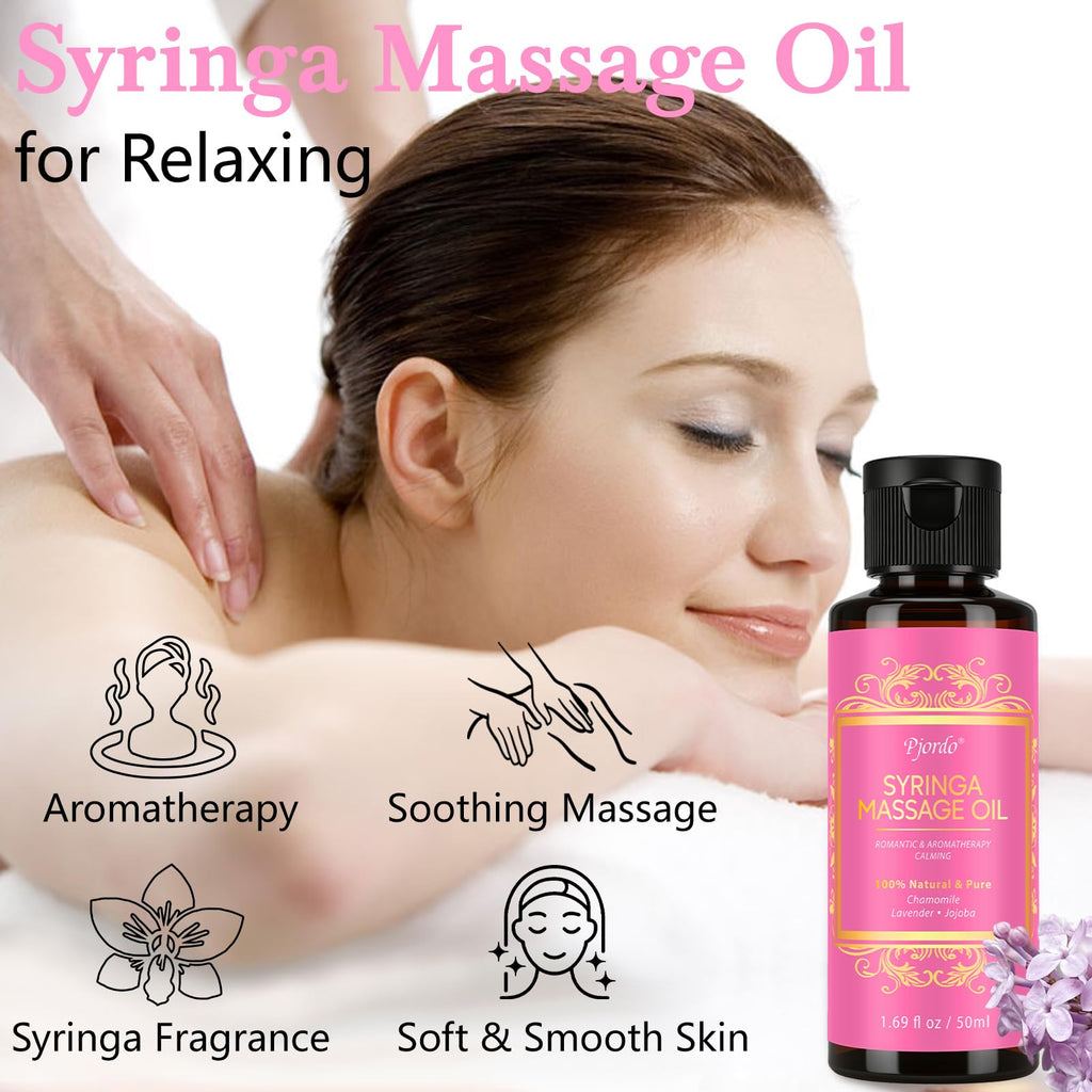 Pjordo 5 Pack Massage Oil for Massage Therapy, Lavender, Vanilla, Sore Muscle, Syringa & Anti Cellulite Massage Oil Kit for Relaxing Muscle & Soothing The Body, Home Spa Gift for Her Him