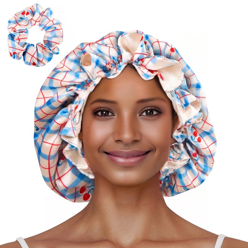 Vettres Floral Satin Bonnet with Scrunchie Set,Double Layer Ruffle Reusable Sleeping Shower Cap for Curly Hair Blue-cherry