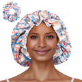 Vettres Floral Satin Bonnet with Scrunchie Set,Double Layer Ruffle Reusable Sleeping Shower Cap for Curly Hair Blue-cherry
