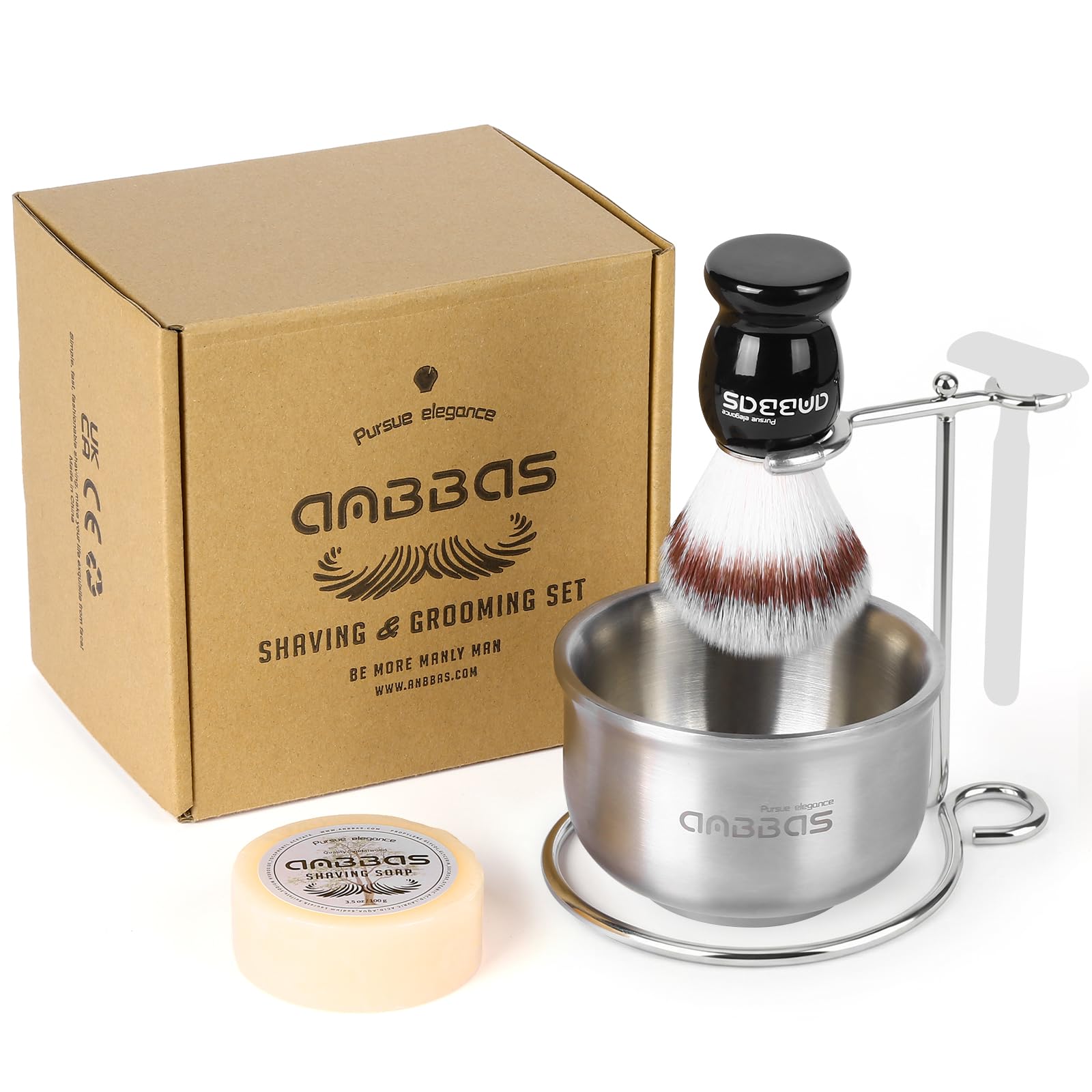 Anbbas Synthetic Badger Shaving Brush,Stainless Steel Shaving Razor and Brush Stand and Lathering Foam Bowl,3.5 oz Natural Shaving Soap Puck Refill for Men