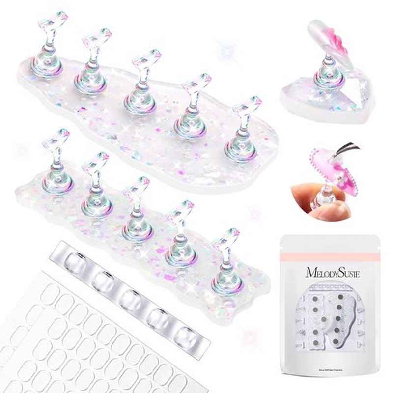 MelodySusie Nail Stand for Press Ons, 3 PCS Shiny Magnetic Bases Sets for Practice Painting Display with Brush Holder and 100 Pcs Reusable Double-Sided Tape for Home DIY Salon Supplies