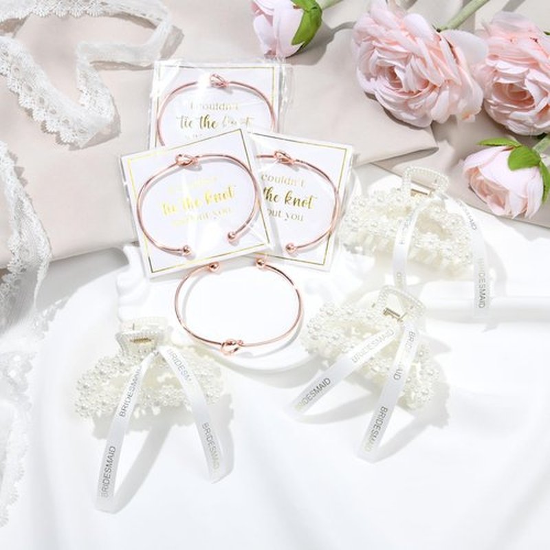 DEEKA 12 Pcs Bridesmaid Proposal Gifts, Pearl Hair Claw Clips & Bridesmaid Knot Bracelet Bachelorette Party Wedding Favors Bridal Party Present Hair Accessories for Women(Rose Gold Bracelets)