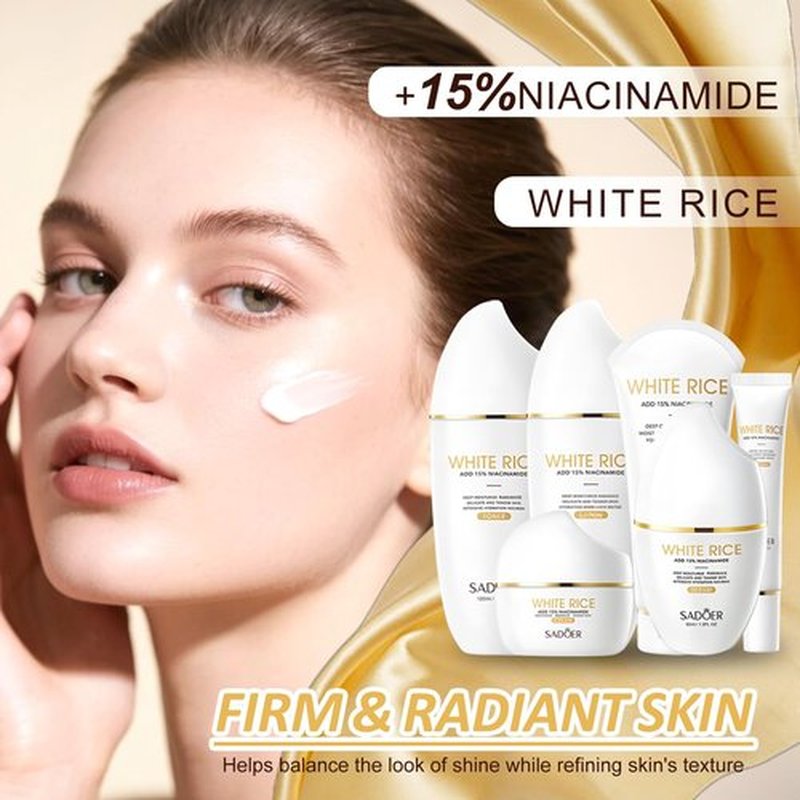 FOR SADOER Rice Niacinamide Skincare Set - 6 Piece Firming Skincare Kit with Cleanser, Toner, Lotion, Eye Cream, Face Cream & Serum for Daily Facial Care