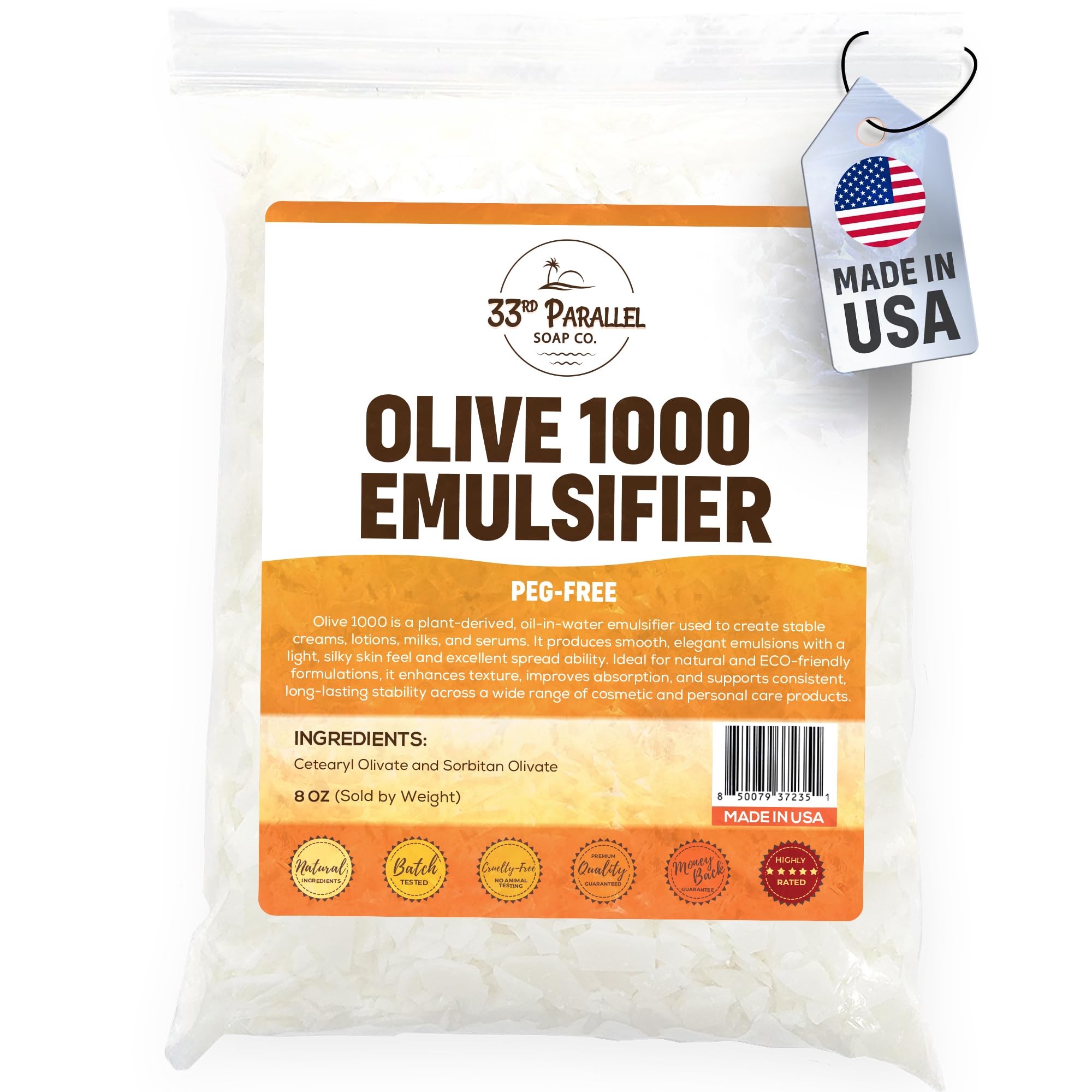 33RD PARALLEL SOAP CO. Olive 1000 Emulsifier (8oz) – Natural PEG-Free Emulsifying Wax for Lotion, Cream & Conditioner – Olive-Derived O/W Emulsifier for DIY Skincare & Haircare | 8 OUNCE