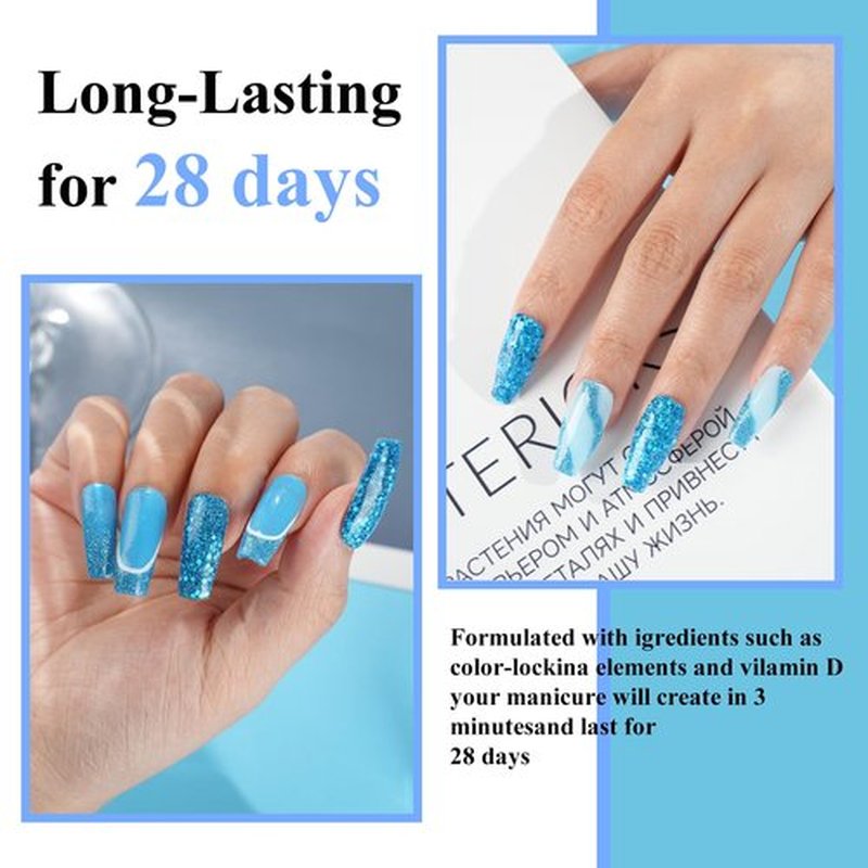 Eodci 12 Pcs Dip Powder Nail Kit Starter, 6 Colors Glitter Blue Snow Dipping Powder Kit With Base & Top Coat/Activator/Brush Saver, Nail Art Manicure Salon DIY for Daily at Home Party Gifts for Women