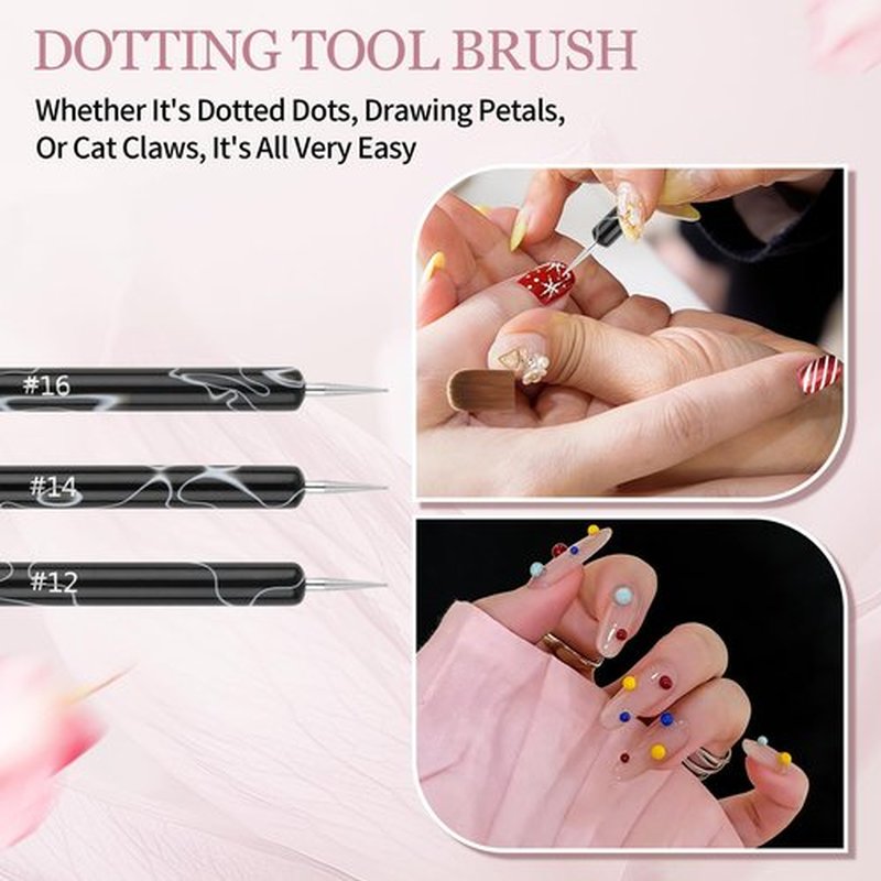 6pcs French Tip Tool Brush, 2 Way Cleanup Brush for Gel Polish with Dotting Tool Franch Nail Art Brushes Set Liner Fine Cuticle Beginner 7mm/9mm/11mm, 12#, 14#, 16#