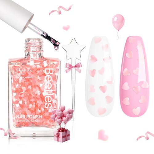 Beetles Valentines Nails Polish - Pink Heart Sweetheart Glow Glitter Nail Polish 15ml/0.51Fl Oz - Long-Lasting Quick Dry Nail Polish DIY Nails Art Spring Valentines Nails Gifts for Her