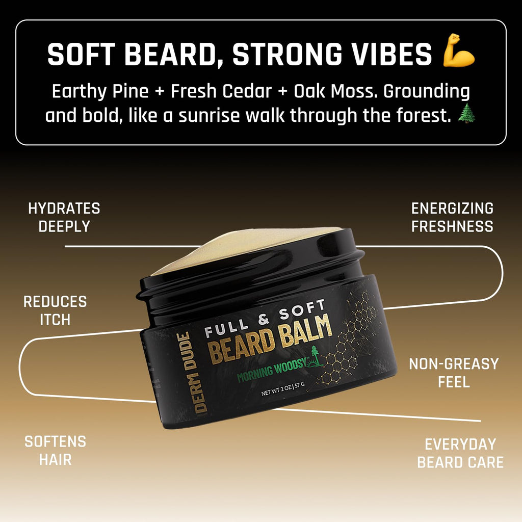 Derm Dude Full and Soft Beard Balm, Styles and Strengthens Beard, Promotes Fuller Beard, Moisturizes and Soothes Beard, and Free Beard Comb, Morning Woodsy Scent, 2 Fl Oz, 2 Pack