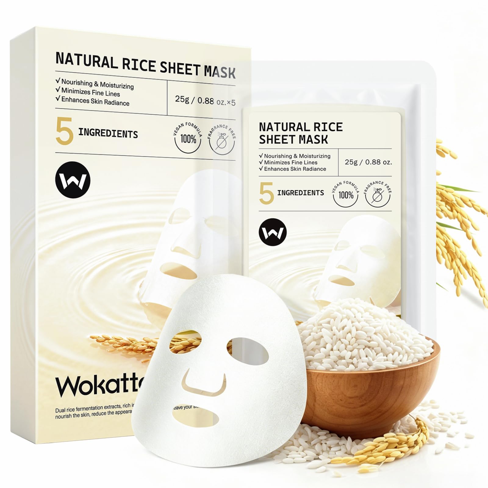 Wokatta Rice Face Mask Glass Skin, Fermented Rice Sheet Mask Pack of 5 for Radiant & Nourishing, Soothing, Smooth, Hydrating Face Masks for Dry Sensitive Skin, Gentle, Vegan Face Masks Skincare