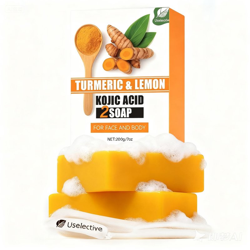 Uselective 2 Pack Turmeric & Lemon Glow Soap Bar - Botanical Duo Power for Dark Spots, Skin Brightening with Kojic Acid, Vitamin C，Retinol- 3x Moisturizing with Amino Acid & Shea Butter - SLS Free