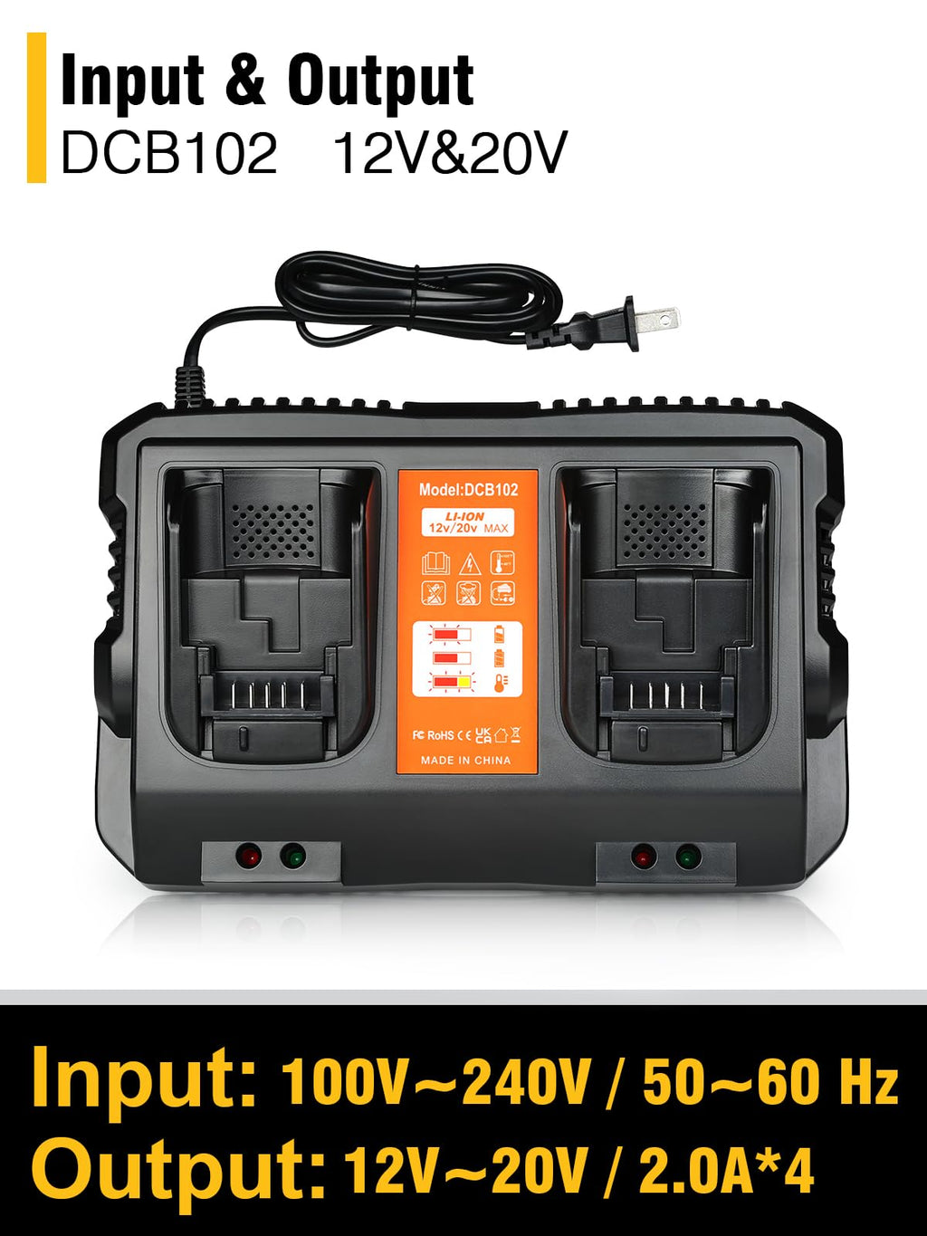 DCB102 20V MAX Battery Charger Replacement for Dewalt Battery Charger, 2 Port Charger Compatible with Dewalt 12V-20V Batteries