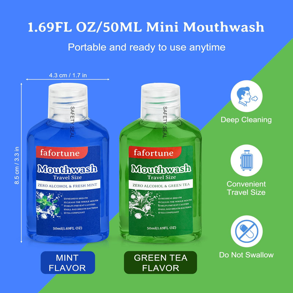 fafortune 1.69fl oz Travel Size Mouthwash Bulk Mini Mouthwash Small Portable Alcohol Free Bottles Individual for Travel Camping Hotels On-The-Go(Pack of 20,Mint and Green Tea)