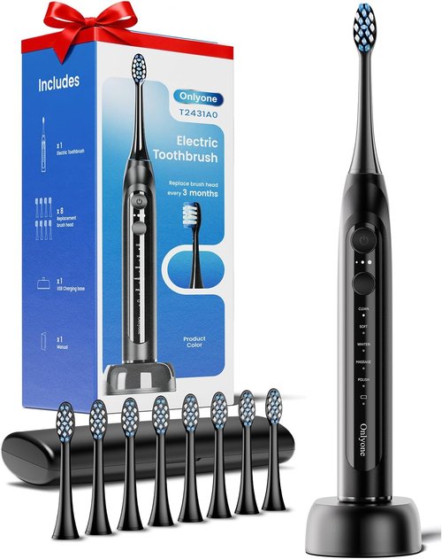 Onlyone Sonic Electric Toothbrush - Rechargeable Ultrasonic with 8 Brush Heads & Travel Case | 5 Smart Modes