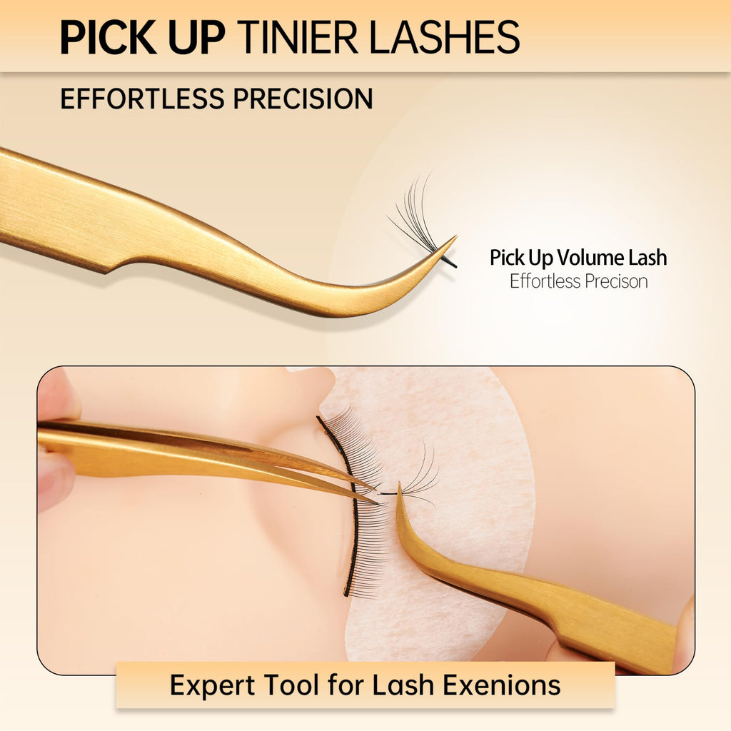 MGER Lash Tweezers for Eyelash Extension-Professional Lashing Tweezers for Mega Volume Mink Eyelashes Extensions Applying, Gold tweezers