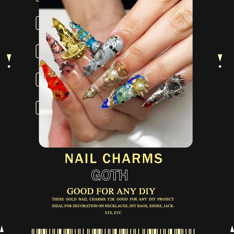YAEISM 135PCS Gold Nail Charms 3D Nail Spikes Shiny Gold Nail Crosses Alloy Star Nail Charms Punk Goth Pin Planet Nail Art Gems for Women and Girls