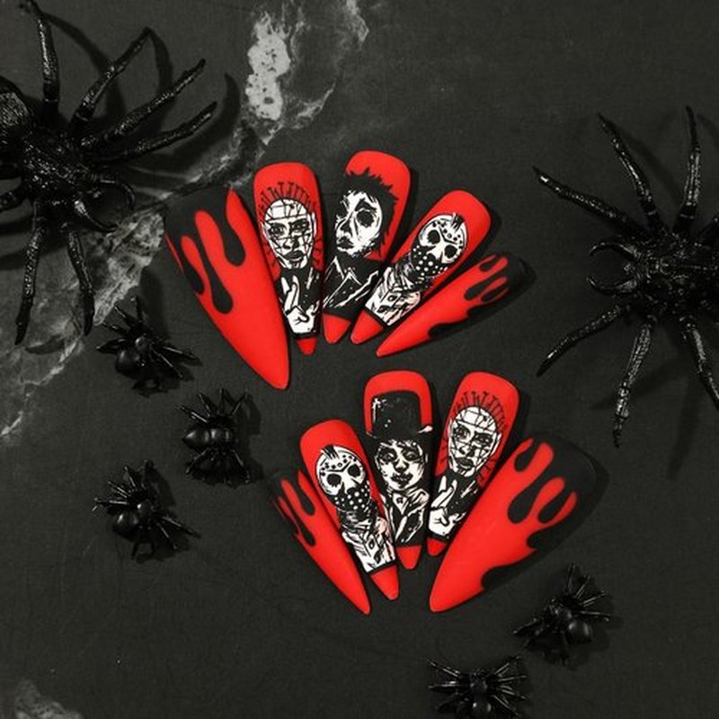 MABKJLF Halloween Press on Nails Long Stiletto French Fake Nails Scary Skull Skeleton Red Full Cover Gothic Nails Black Blood Matte Glue on Nails Acrylic Nails Artificial Nails for Women Girls 24 Pcs