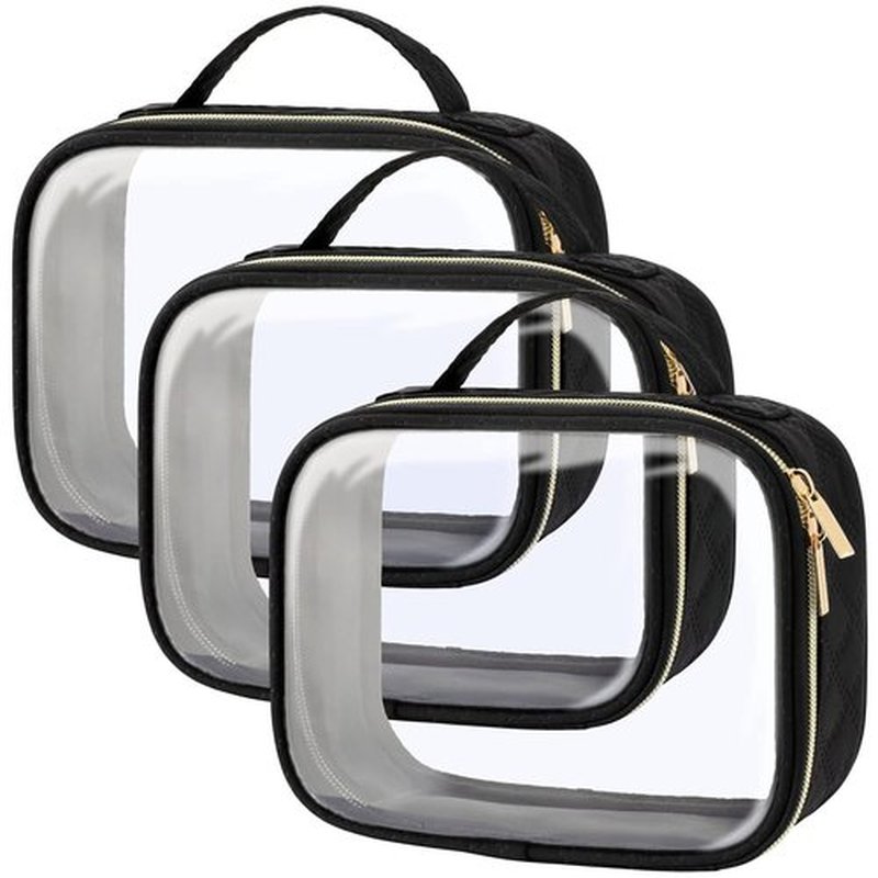 PACKISM TSA Approved Toiletry Bag - 3 Medium Clear Makeup Bags | Quart Size, Water-Resistant PVC, Black