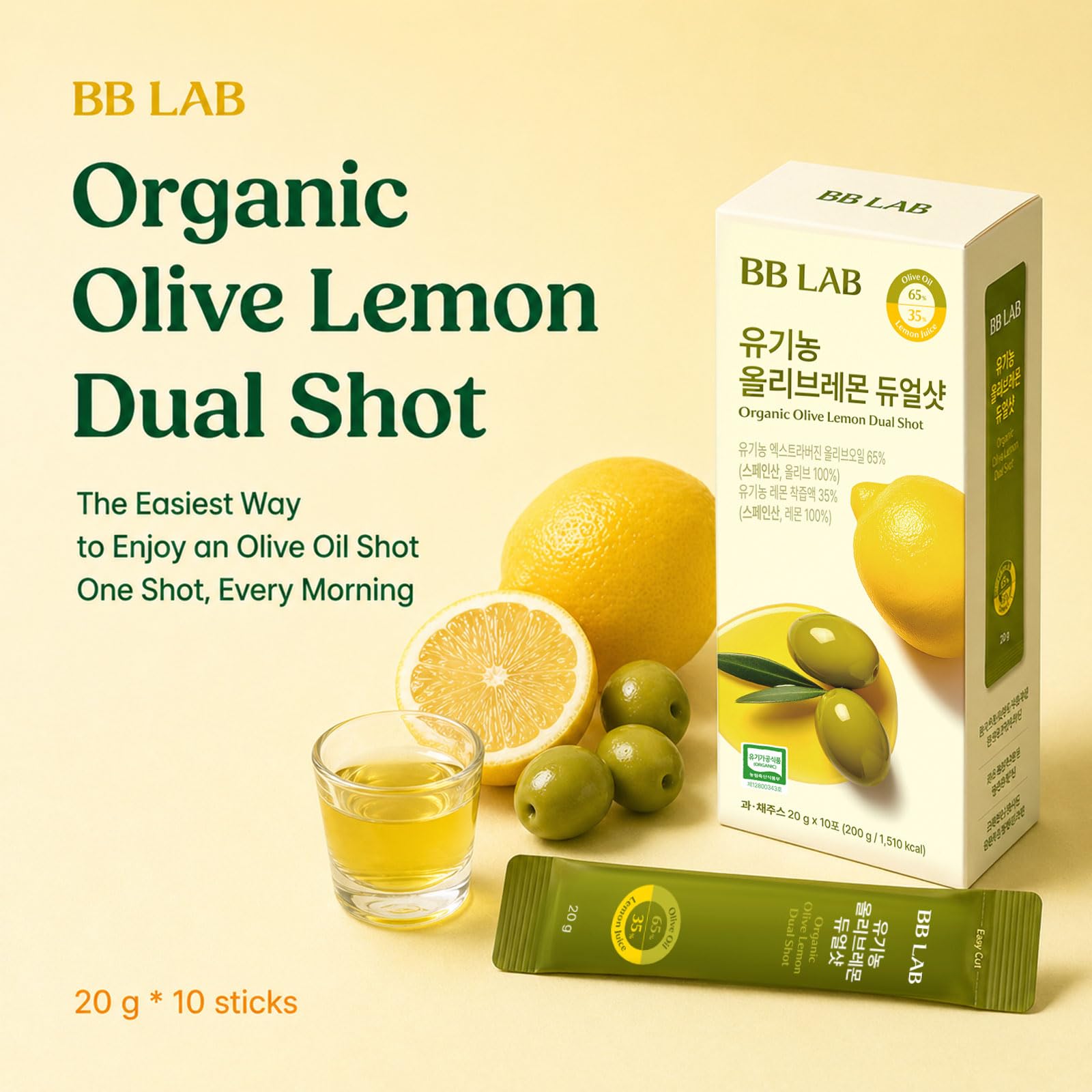 BB LAB Organic Olive Lemon Dual Shot, Cold-Pressed Extra Virgin Picual Olive Oil & NFC Lemon Juice, 65:35 Ratio, Single serve, On-the-Go Liquid Stick Packets, 20g x 10 Sticks