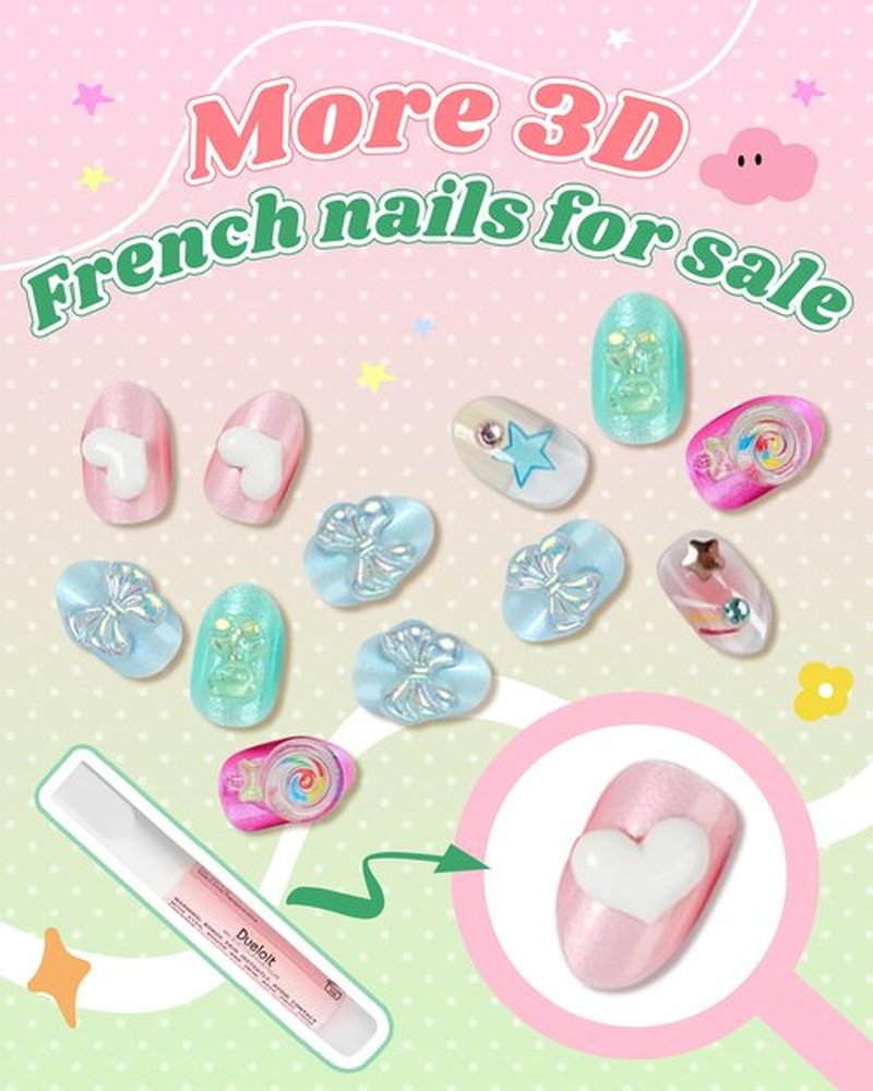 6-12 Years Press on Nails for Girls,3D French Fake Nails Kit with Jelly Adhesives & Builder Glue, 24pcs Reusable Glitter Full Cover Stick on Nails for Tweens
