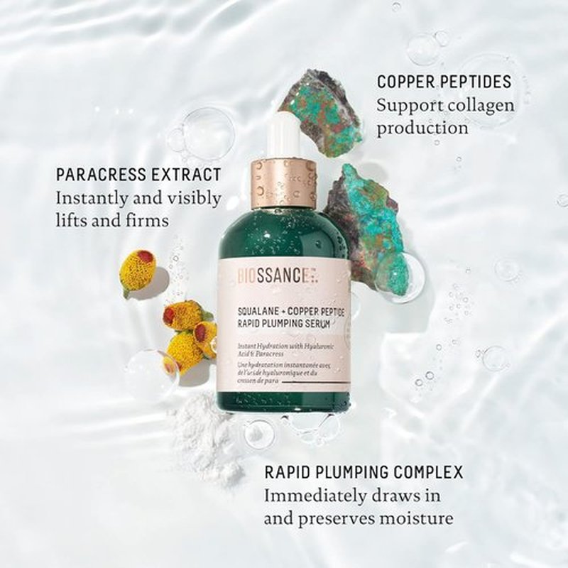 Biossance Squalane + Copper Peptide Serum - Rapid Plumping Face Serum for All Skin Types | Vegan Formula with Hyaluronic Acid