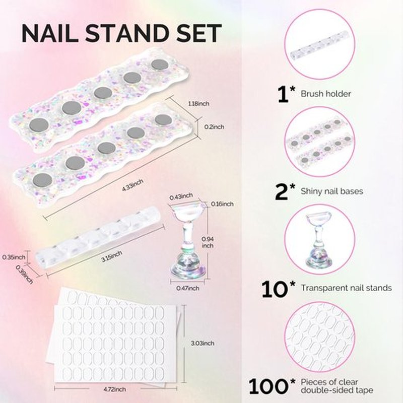 MelodySusie Nail Stand for Press Ons, White Shiny Acrylic Magnetic Base for Painting Display with Brush Holder and 100 Pcs Reusable Double-Sided Tape for Home DIY Salon Supplies