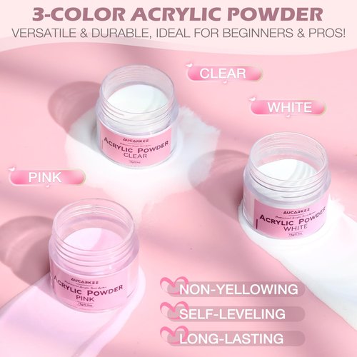 Acrylic Nail Kit For Beginners - 3-Color Powder (Clear/White/Pink), All-In-One Home Salon Supplies, Long-Lasting & Perfect Gift