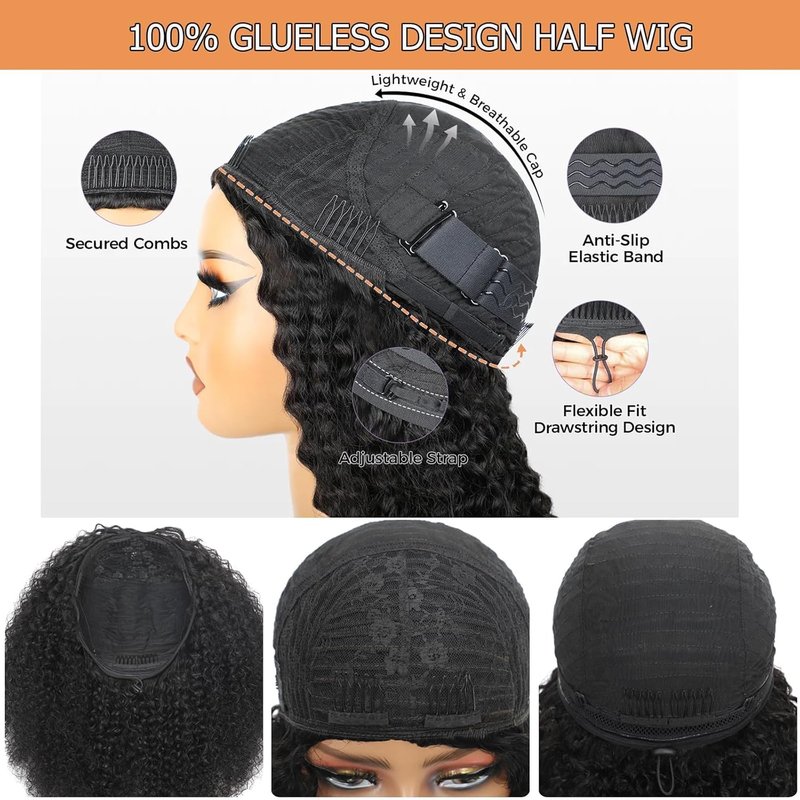 UWLK Kinky Curly Half Wig Human Hair 200 Density Upgrade 3 IN 1 Seamless Flip Over Half Wig Beginner Friendly Glueless Wear and Go Half Up Half Down Headband Wig Human Hair