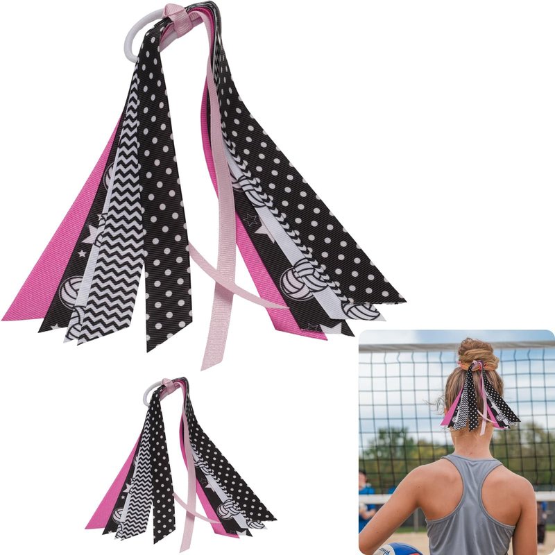 YKW 5 Pack Volleyball Hair Ties Ribbon Ponytail Holder for Girls - Sports Team Accessories with Net Pattern Scrunchies, Streamers Hair Bows Gift Set for Players, Fans, Mom (Volleyball)
