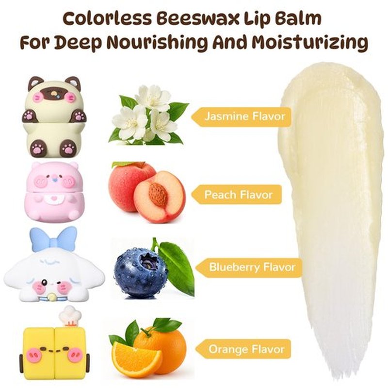 SUSIKEKI Cloud Comfort Lip Balm - 4 Tubes Fruit-flavored Moisture Lip Balms, Blueberry, Jasmine, Orange, and Peach Flavors, 3-in-1 Repairs Lip Damage Caused by Dryness, Makeup and UV Rays (4 Pack)