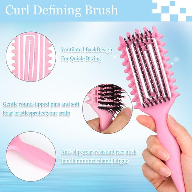 Curly Hair Brush,Curl Defining Brush plus 3 Pieces Hair Styling Comb Set(Slick Back Hair Brush,Rat Tail Comb,Edge Bristle Brush) Lightweight Vented for Combing, Shaping, Styling(Pink)