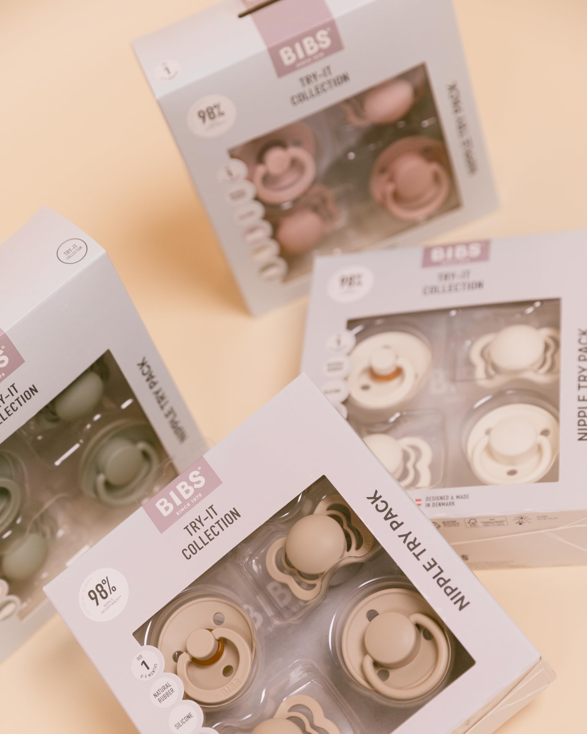 BIBS Try-It Collection | 4-Pack Soothers | BPA-Free Round, Anatomical & Symmetrical Nipple | Natural Rubber Latex/Silicone | Made in Denmark | 0-6 Months | Ivory