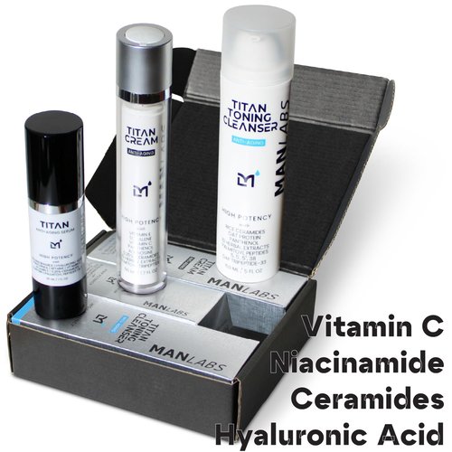 Man Labs Titan Anti-Aging Mens Skin Care Kit – Face Serum for Men, Face Moisturizer, Cleanser – Skin Care for Men – Dark Spots, Wrinkles, Fine Lines – Vitamin C, Niacinamide, Ceramides, HA – Unscented