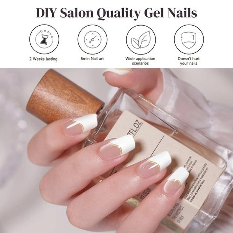 Semi Cured Gel Nail Strips, 28 pcs Gel Nails Stickers for Women Work with Any UV Lamp, Long Lasting Nail Wraps for Home DIY Nails Art (Gilded French)