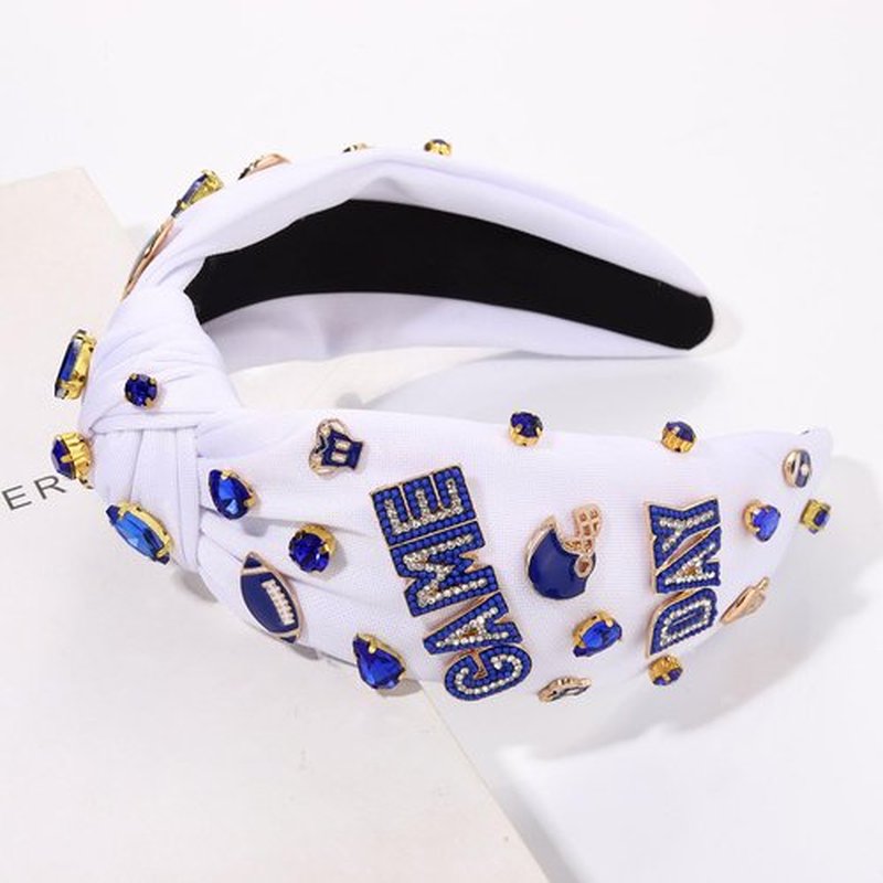 Football Headband for Women Football Accessories Beaded Football Rhinestone Crystal Knotted Headband Jeweled Embellished Game Day Top Knot Hairband Football Mom Hair Accessories (D-White Blue)