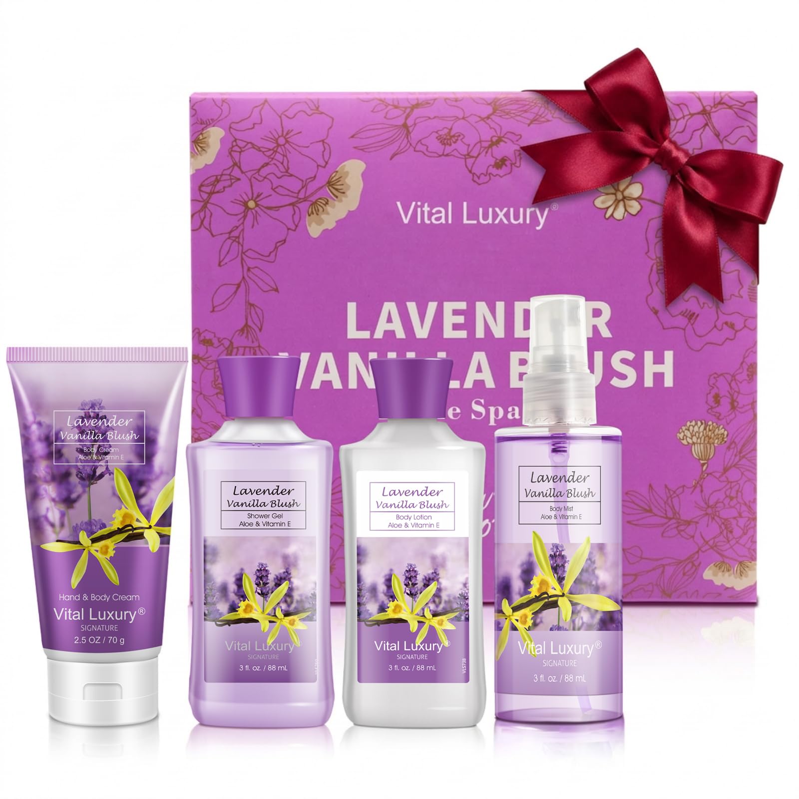 Bath and Body Spa Gift Set for Women, 4PC Lavender Vanilla Blush Self Care Travel Kit - Shower Gel, Lotion, Hand and Body Cream, & Body Mist, 3 Fl Oz Each, Pamper Gift for Mom Wife Girlfriend Sister