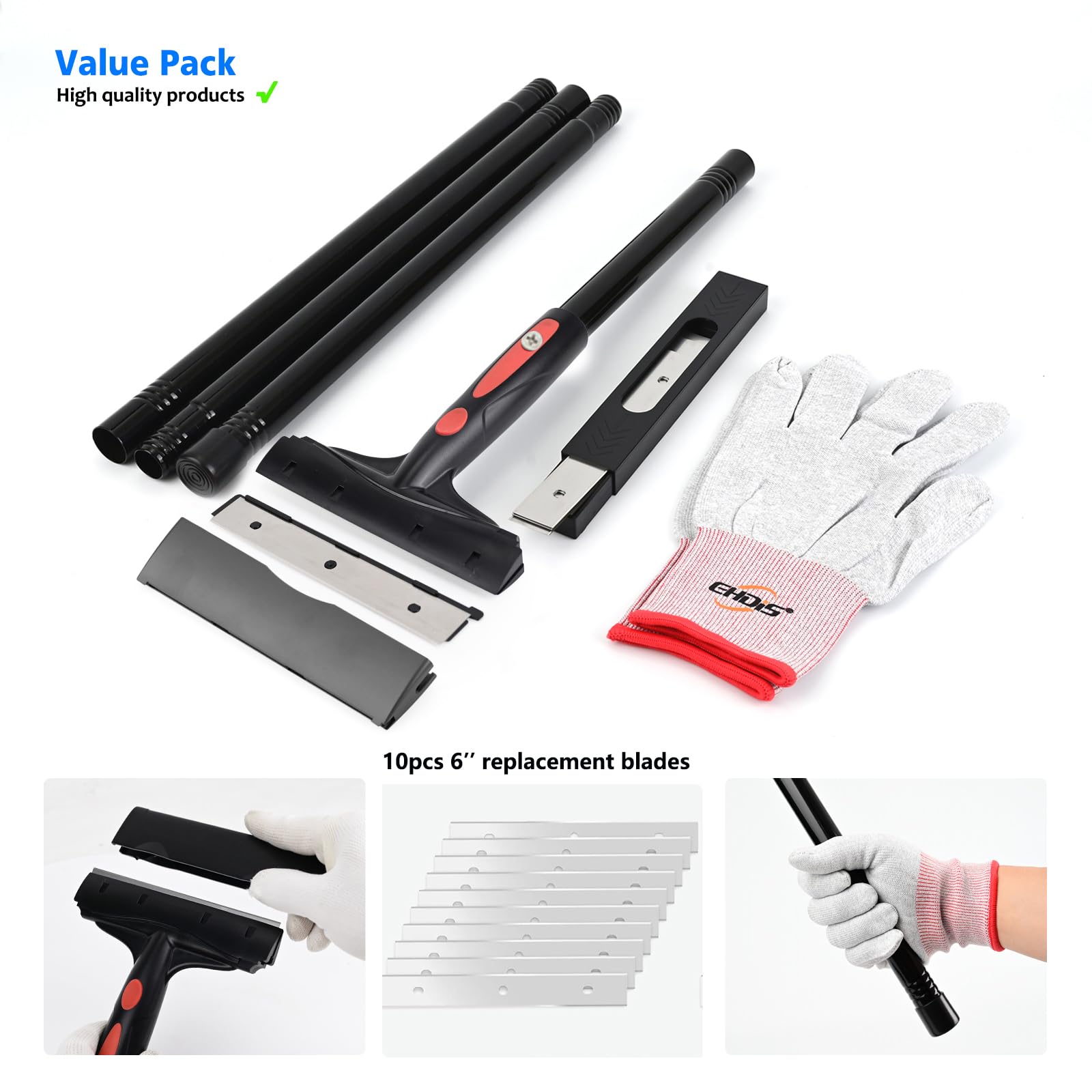 EHDIS Extenble Razor Blade Scraper, 16''-58'' Long Handle 6" Wide Blade Scraper Tool with 10 Double-Edge Blades for Cleaning Paint, Caulk, Adhesive,Painting, Tile, Floors, Ice Scraper (068-pro)
