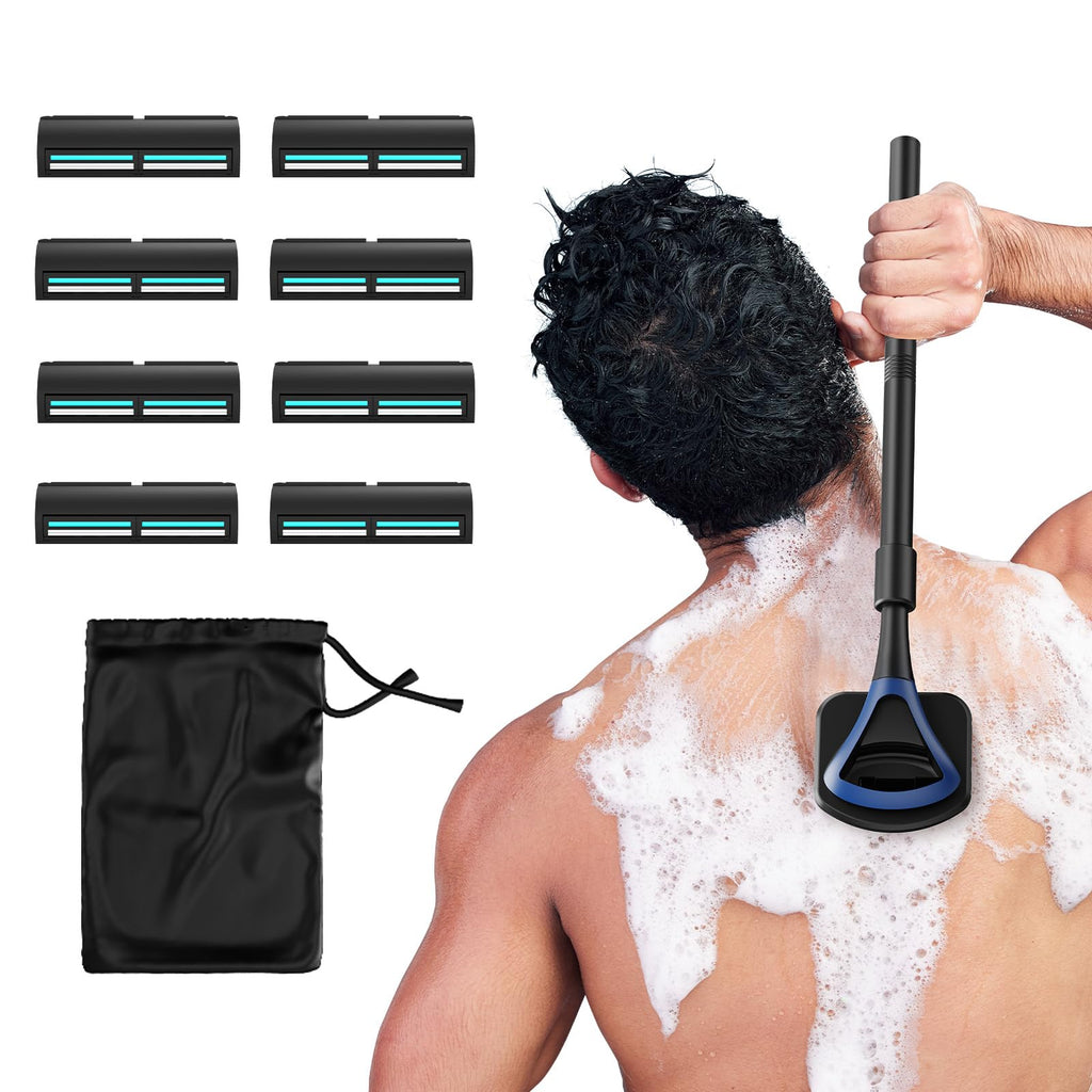 ZOMU Back Shavers for Men:Back Hair Shaver and Body Shavers for Men with Safety Blade Technology & Ergonomic DIY Long Handle, Wet or Dry Shaving,Blue (Replaceable 8PCS 3.5inch Blades Included)