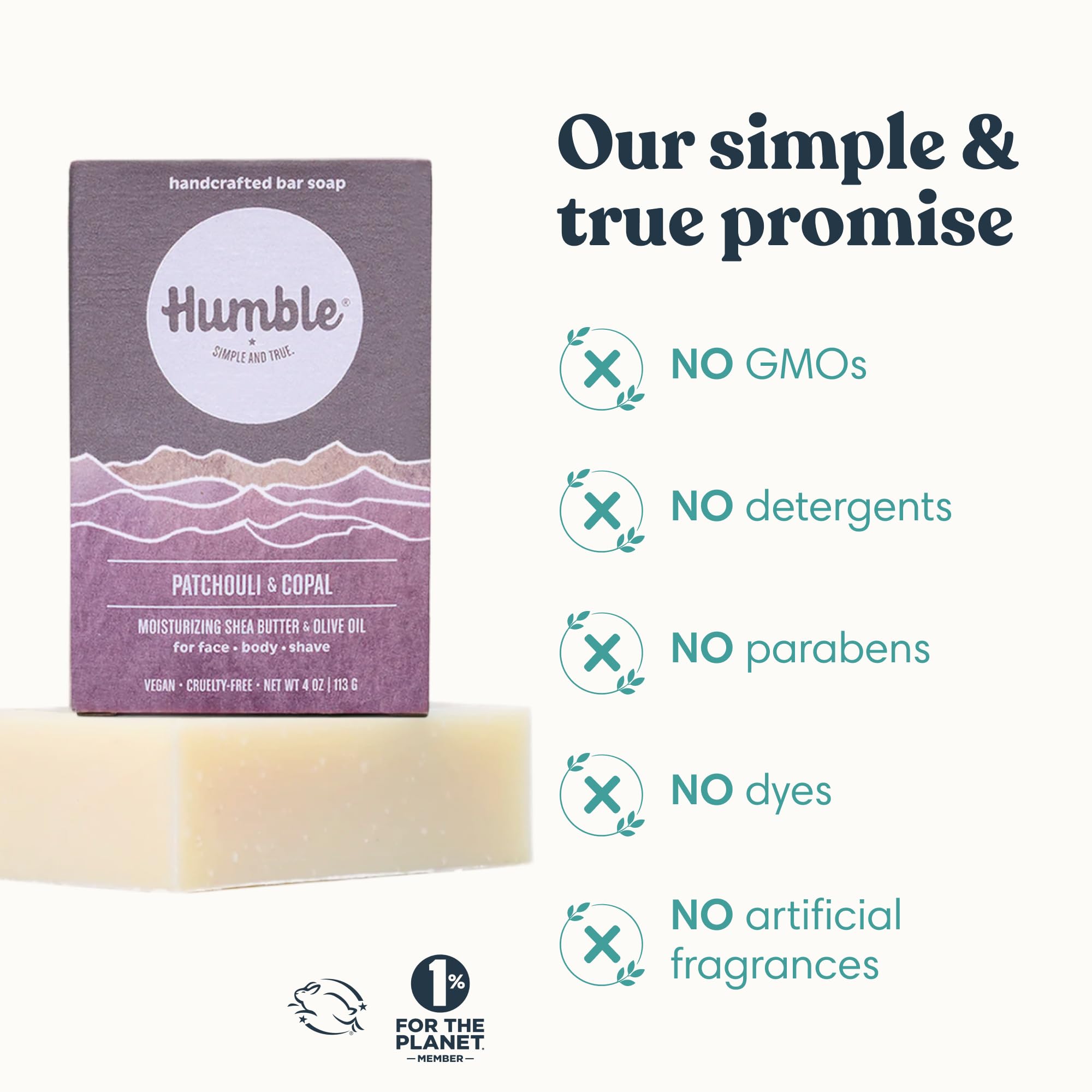 Humble Natural Bar Soap, Patchouli & Copal - Cold Processed Face & Body Soap Bar with Essential Oils - Moisturizing Formula for Long-Lasting Freshness, Gently Cleanses & Soothes Skin, Vegan - 3 Pack
