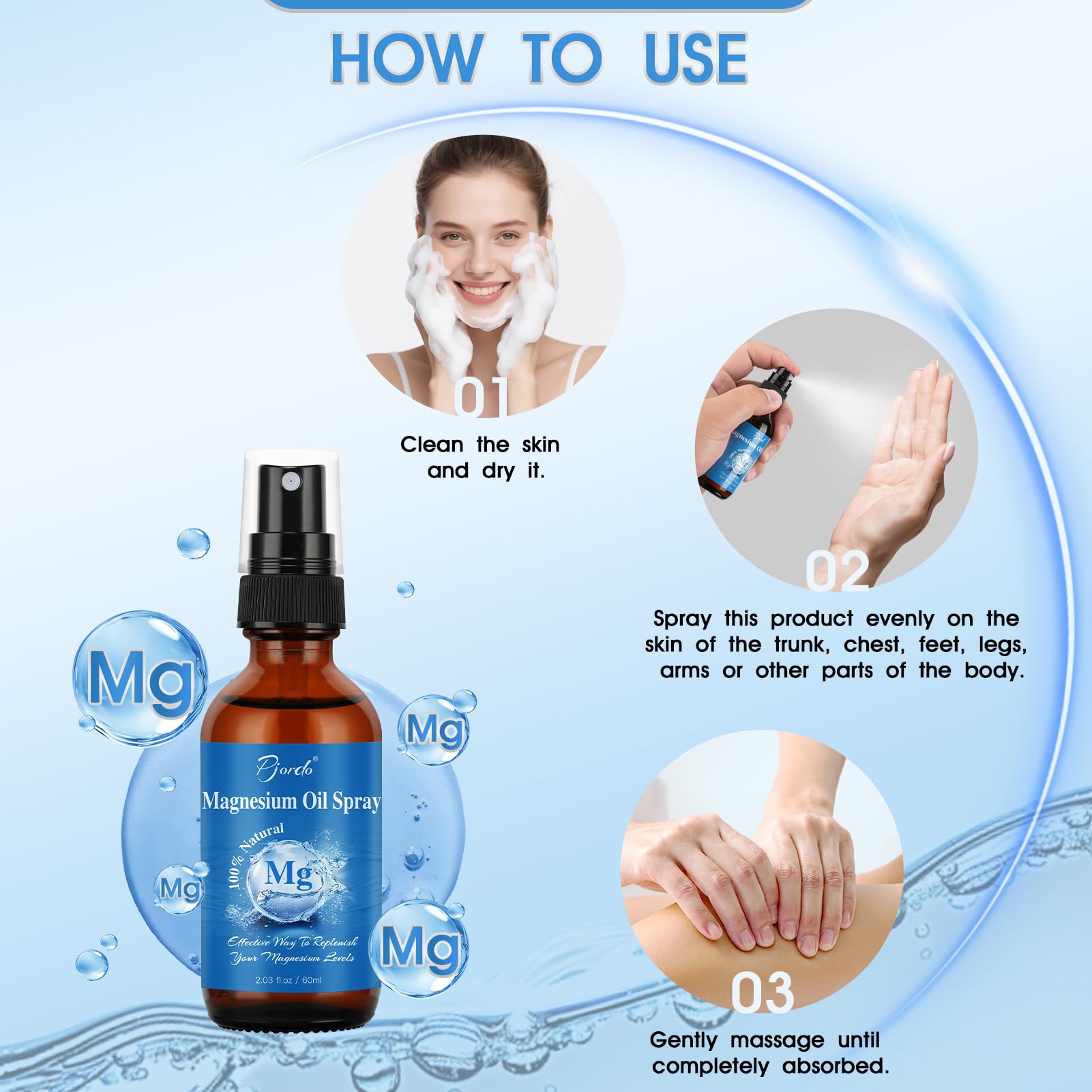 Pjordo Magnesium Oil Spray for Feet, Body & Sleep, 100% Pure & Natural Organic Topical Magnesium Chloride Oil Spray for Caring Body, Easy to Carry and Use, Rapidly Absorbed